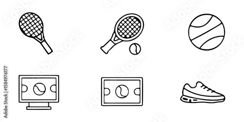 Tennis equipment icons including racket, ball, and footwear  