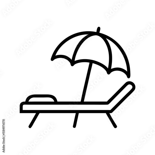Beach lounge chair with umbrella in minimal line art style  