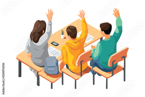 isometric set of students participating in classroom activities