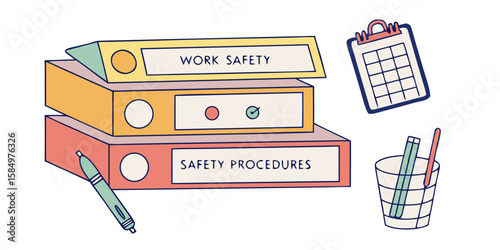 Colorful binders labeled with work safety and procedures on desk  