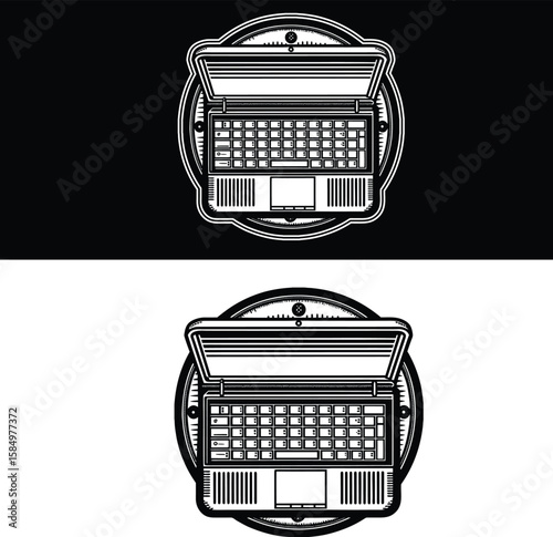 Open laptop keyboard and trackpad inside decorative circle