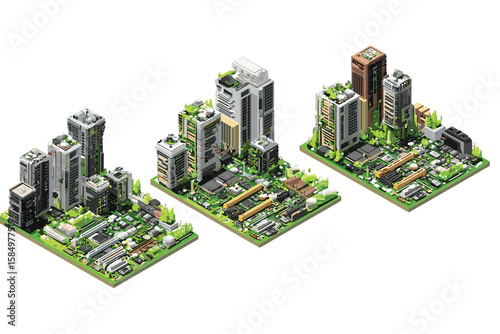 isometric set of modern city buildings with green rooftop spaces