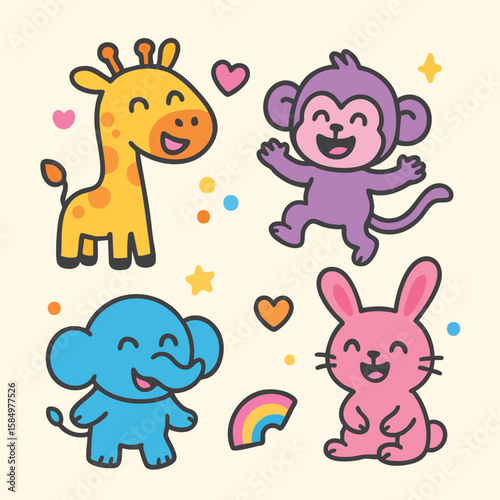 Set of cute cartoon animals including giraffe, monkey, elephant, and bunny with hearts, stars, and rainbow – playful kids illustration