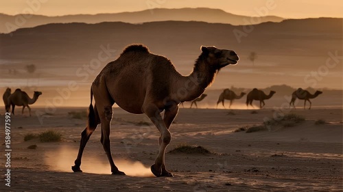 Camels Walking in the Desert at Sunset: A Majestic Journey Through the Sands