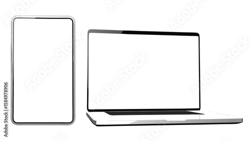 Illustration of a tablet standing upright next to a modern laptop with a blank white screen display