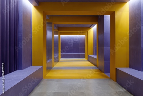 Color-inverted interior with inverted violet and yellow palette matte ceramics metallic drapes glowing side light with reflective distortion and