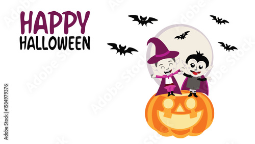 Happy halloween image featuring cartoon vampires on a pumpkin with bats and a moon behind them