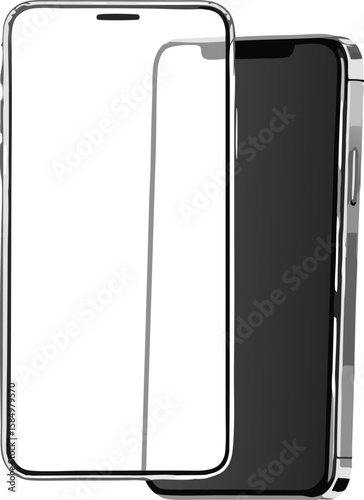 Two smartphones one with a screen protector showing the outline of the device and a black screen phone behind it