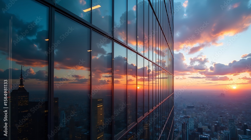 Fototapeta premium An inspiring photo-realistic shot displays a modern skyscraper's glass facade, reflecting a distorted, vibrant cityscape and a dramatic sunset sky in abstract, painterly patterns.