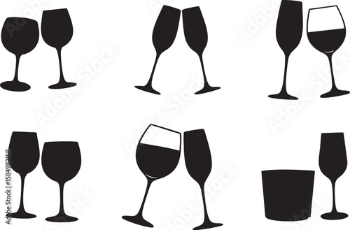 Collection of black silhouette wine glasses and champagne flutes clinking