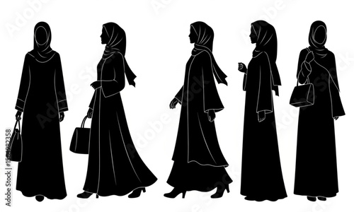 Muslim Women Silhouettes in Traditional Abaya Dress | Black and White Vector Illustration of Islamic Fashion for Cultural and Design Projects