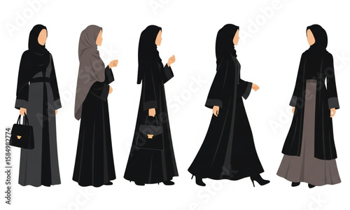 Arabic Women Fashion Collection | Vector Illustration of Muslim Ladies in Abayas for Islamic Fashion Design, Editorial and Cultural Representation