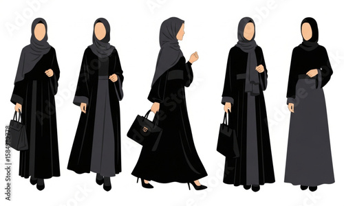 Diverse Collection of Muslim Women in Modern Abayas | Fashionable Islamic Clothing Line for Editorial Content, Lifestyle Blogs, and Cultural Representation