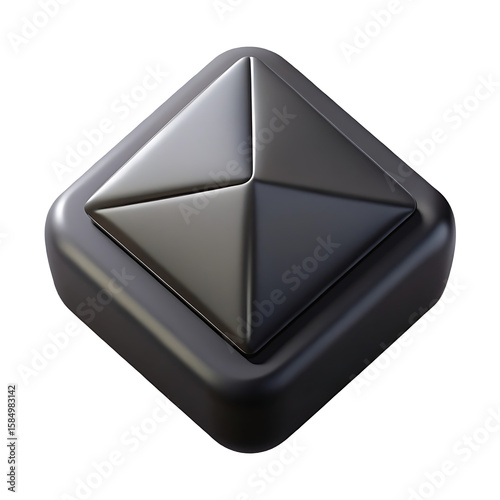 3D Black Pyramid Button Icon Geometric UI Element Isolated on Transparent Background