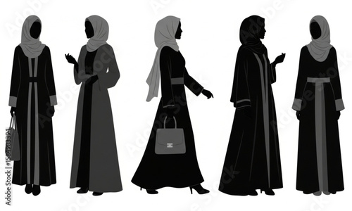 Muslim Women Silhouettes in Traditional Abaya Dress | Islamic Fashion Vector for Cultural Design and Religious Illustration