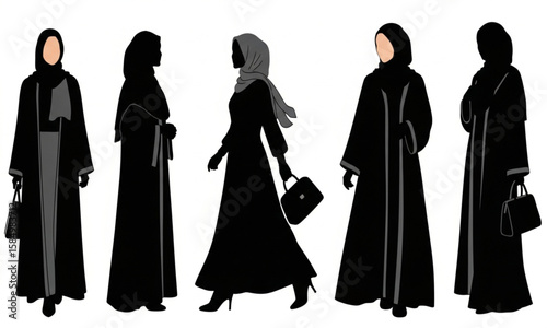 Muslim Women Silhouettes in Abayas and Hijabs | Vector Illustration of Traditional Islamic Clothing for Fashion, Culture and Design