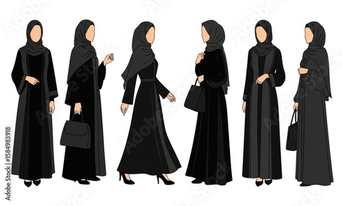 Diverse Set of Muslim Women in Black Abayas and Hijabs | Faceless Female Figures in Traditional Islamic Dress for Fashion Illustration and Cultural Representation