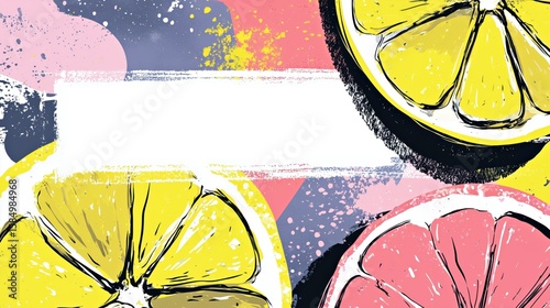 Colorful flat illustration of sliced lemons and grapefruits on a vibrant background with abstract shapes and textures, featuring ample copy space for design purposes