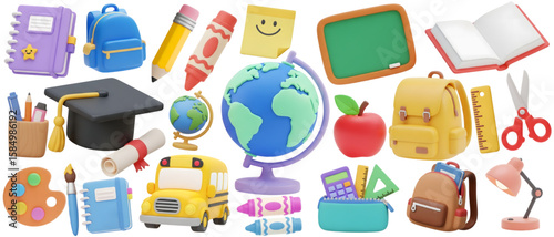 3D School Objects PNG Element Set on Transparent Background

