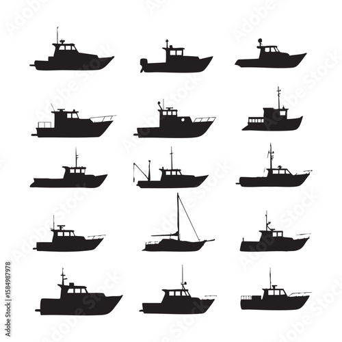 Collection of diverse fishing boat silhouettes isolated on white background silhouette