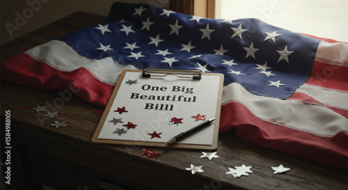 An isolated American flag and US Constitution display, with crisp playing cards and scattered money for a high-stakes gamble on national luck and chance