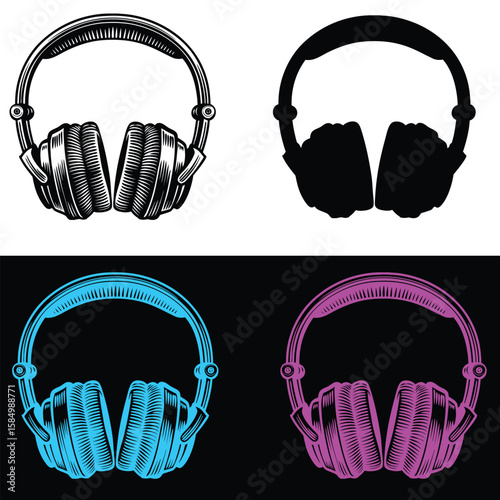 Vintage headphones in black blue and purple audio sound