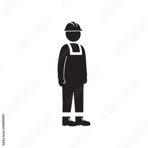 Black silhouette of a construction worker in overalls and hard hat isolated on white background silhouette