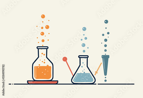 Conduct Diverse Chemical Experiments: Laboratory Setup with Flasks and Test Tubes Containing Colorful Bubbling Liquids, Highlighting Scientific Analysis and Research in a Dynamic Environment.
