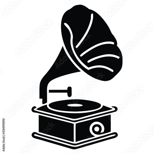 Vintage Gramophone Phonograph Illustration Retro Music Icon Black White