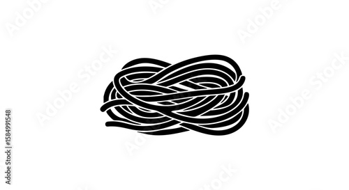Illustration of a tangled black spaghetti-like object, against a plain backdrop.