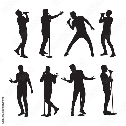 Eight singing performers in silhouette isolated on white background silhouette