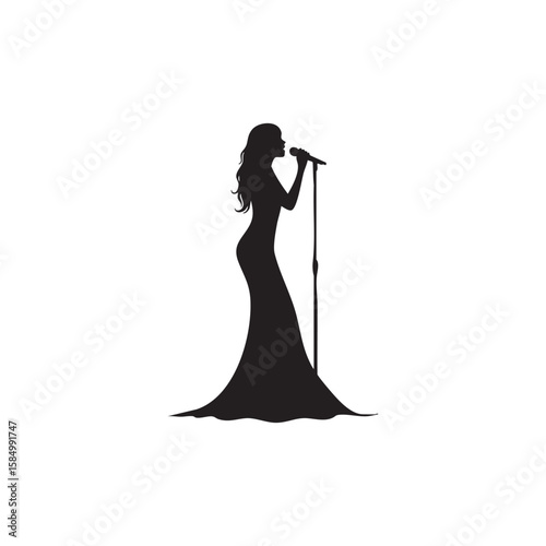 Elegant woman singing into a microphone silhouette isolated on white background silhouette