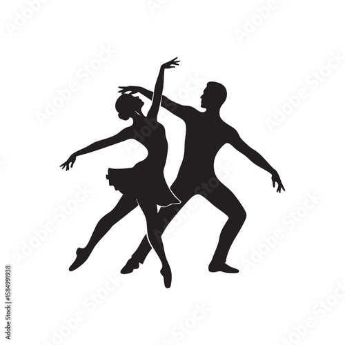 Elegant male and female ballet dancers performing a graceful pose silhouette isolated on white background