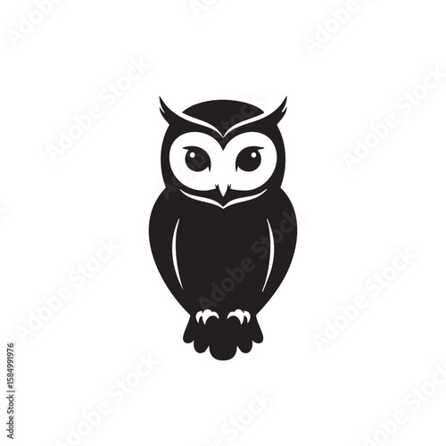Stylized black owl illustration with large eyes silhouette isolated on white background
