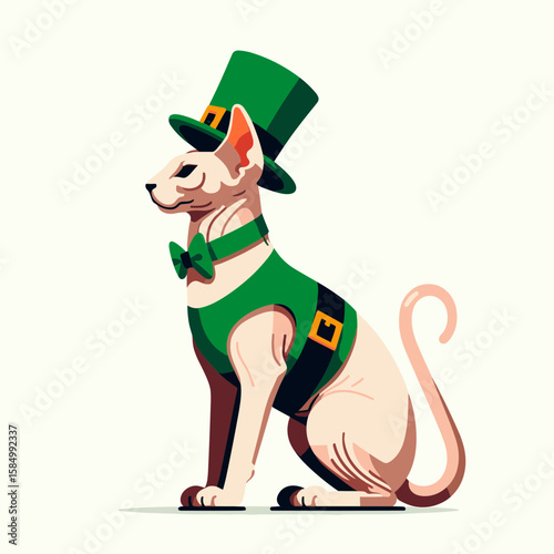 A cartoon hairless cat wearing green top hat and bow. Clipart Silhouette Vector Illustration Line Art Illustration. Cute comical nude kitty in emerald formal headgear plus neck adornment.