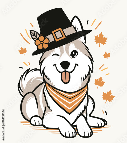 A cartoon husky wearing pilgrim hat and scarf with flower on the fall leaves around. Clipart Silhouette Vector Illustration Line Art Illustration. Comical canine in thanksgiving bonnet.