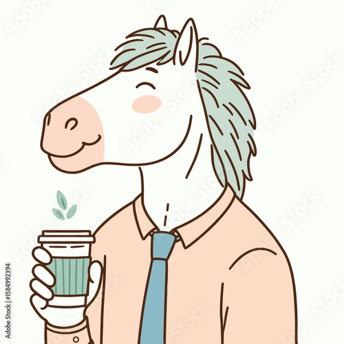A cartoon horse wearing tie and holding coffee. Clipart Silhouette Vector Illustration Line Art Illustration. comical equine in neckwear with beverage mug artwork icon mascot.