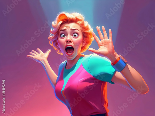 cartoon illustration of terrified woman with bulging eyes and shaking hand