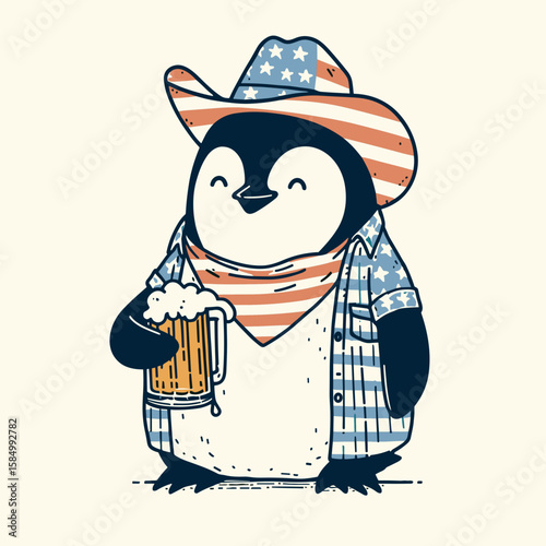 A cartoon penguin wearing cowboy hat and holding a. Clipart Silhouette Vector Illustration Line Art Illustration. Funny flightless bird in headwear grips an item western theme image.