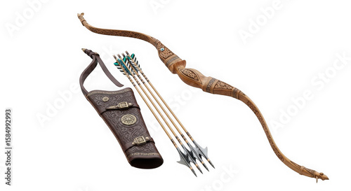 Ornate bow and arrow with quiver archery equipment isolated on transparent background