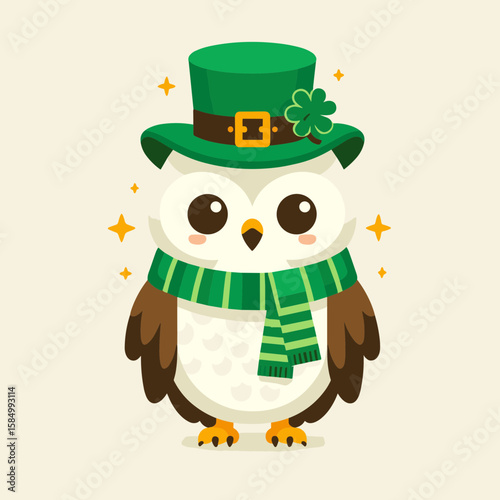 A cute cartoon owl wearing green top hat and scarf for. Clipart Silhouette Vector Illustration Line Art Illustration. Delightful bird with verdant formal headwear neckwear item picture.