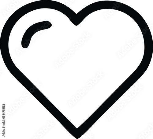 A bold black outline of a heart shape with a glossy highlight on the upper left side isolated on a white background