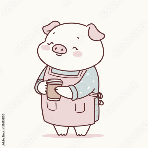 A cute cartoon pig wearing an apron and holding coffee. Clipart Silhouette Vector Illustration Line Art Illustration. Smiling porker with coverall java mug adorable animated piglet image.
