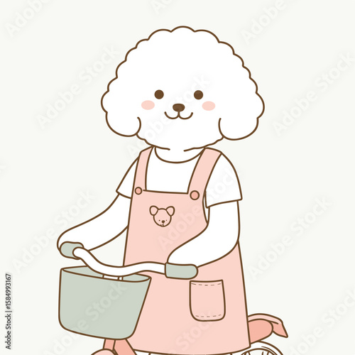 A cute cartoon poodle dog in pink dress rides pink. Clipart Silhouette Vector Illustration Line Art Illustration. Adorable animated canine wearing rose garment cruises on rose-colored item.