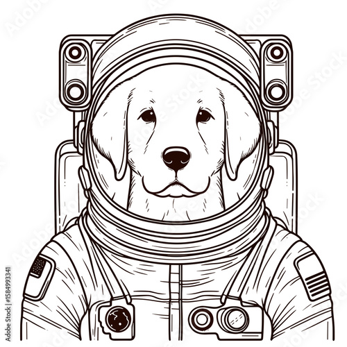 A cute golden retriever dog wearing an astronaut. Cartoon Clipart Silhouette Vector Illustration Line Art Illustration. Happy canine in spacesuit lovable pet like cosmonaut pup attire.