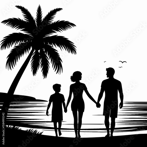 A family of three is walking on the. Cartoon Clipart Silhouette Vector Illustration Line Art Illustration. parent with offspring take stroll upon the outdoor pathway terrain.