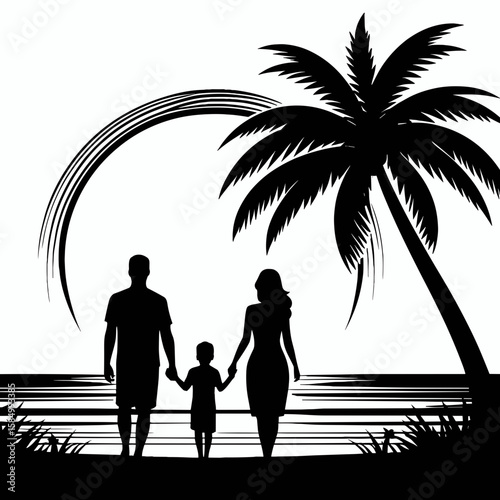 A family of three is walking on the beach holding. Cartoon Clipart Silhouette Vector Illustration Line Art Illustration. Seaside stroll mom dad kid enjoys coast grips item at shore.