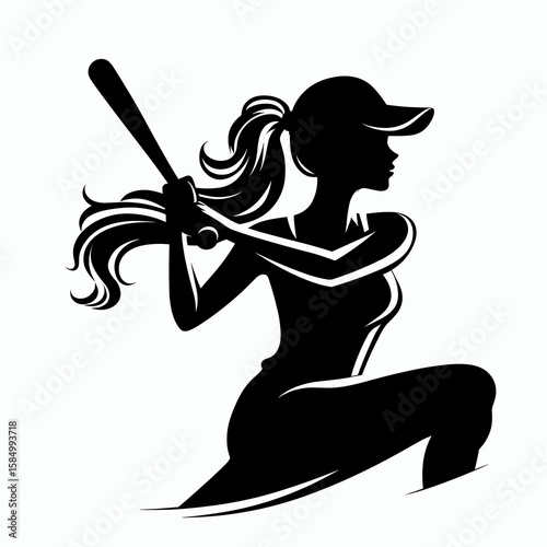 A silhouette of female softball player swinging a. Cartoon Clipart Vector Illustration Line Art Illustration. Outline woman athlete using bat during play moment.