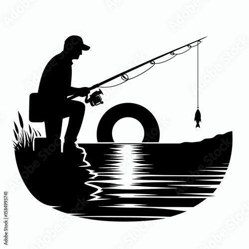 A silhouette of fisherman sits on rock fishing in the lake with sunset the. Cartoon Clipart Vector Illustration Line Art Illustration. Figure angling at water during sundown boulder evening.