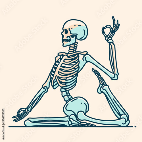 A skeleton doing yoga in pigeon. Cartoon Clipart Silhouette Vector Illustration Line Art Illustration. Bone figure body stretch pose like bird fun activity.